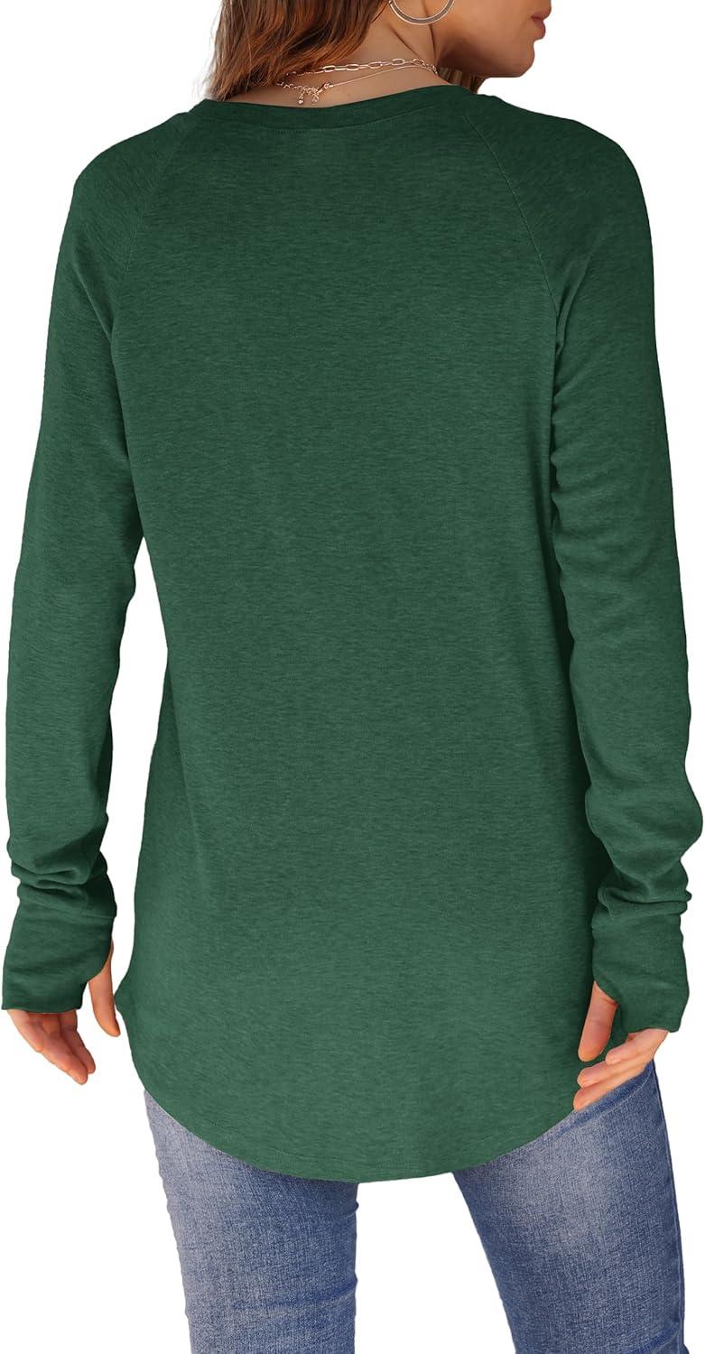 imageXIEERDUO Womens Tunic Tops to Wear with Leggings Long Sleeve Thumb Hole Shirts Crew Neck Curved HemOdark Green