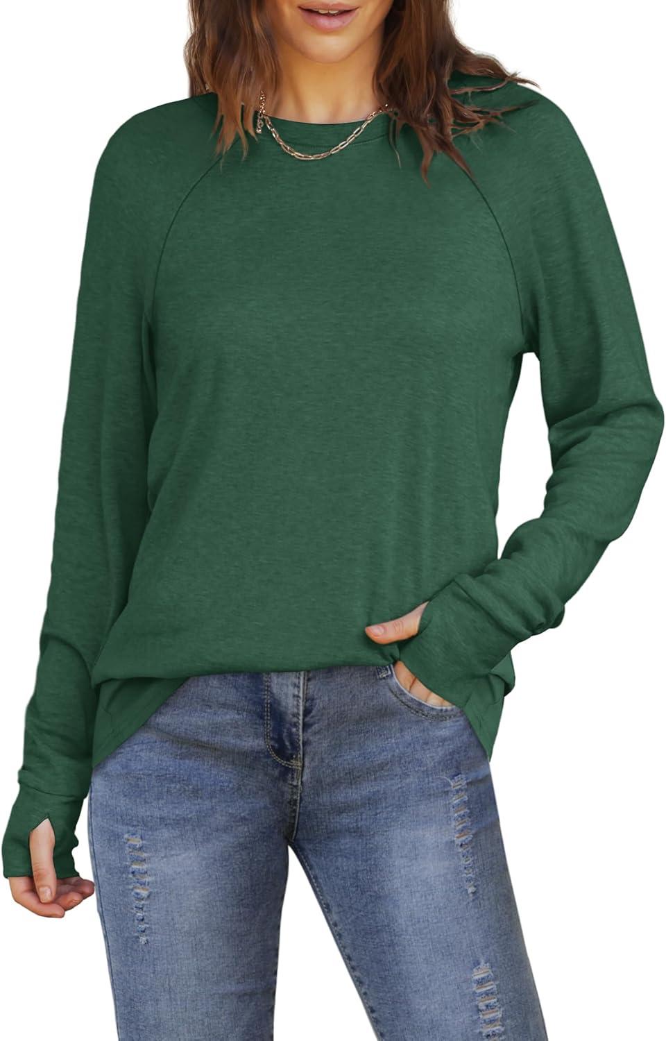 imageXIEERDUO Womens Tunic Tops to Wear with Leggings Long Sleeve Thumb Hole Shirts Crew Neck Curved HemOdark Green