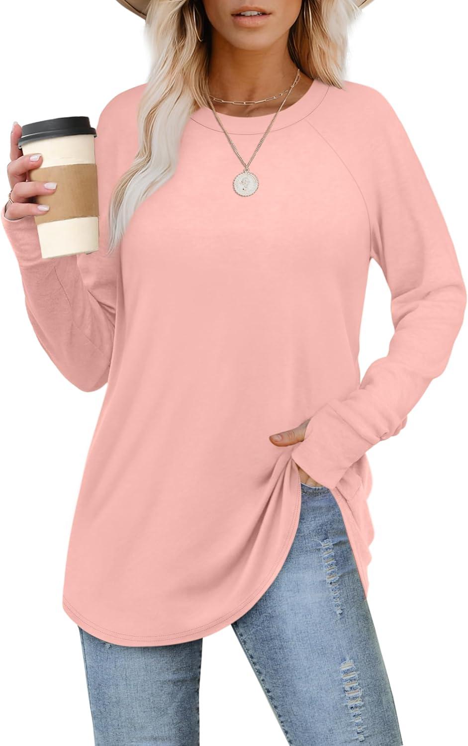 imageXIEERDUO Womens Tunic Tops to Wear with Leggings Long Sleeve Thumb Hole Shirts Crew Neck Curved HemPlightpink