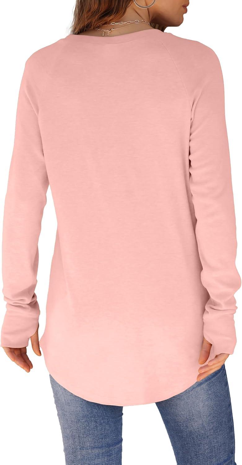 imageXIEERDUO Womens Tunic Tops to Wear with Leggings Long Sleeve Thumb Hole Shirts Crew Neck Curved HemPlightpink
