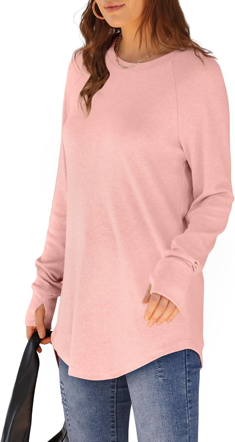 imageXIEERDUO Womens Tunic Tops to Wear with Leggings Long Sleeve Thumb Hole Shirts Crew Neck Curved HemPlightpink