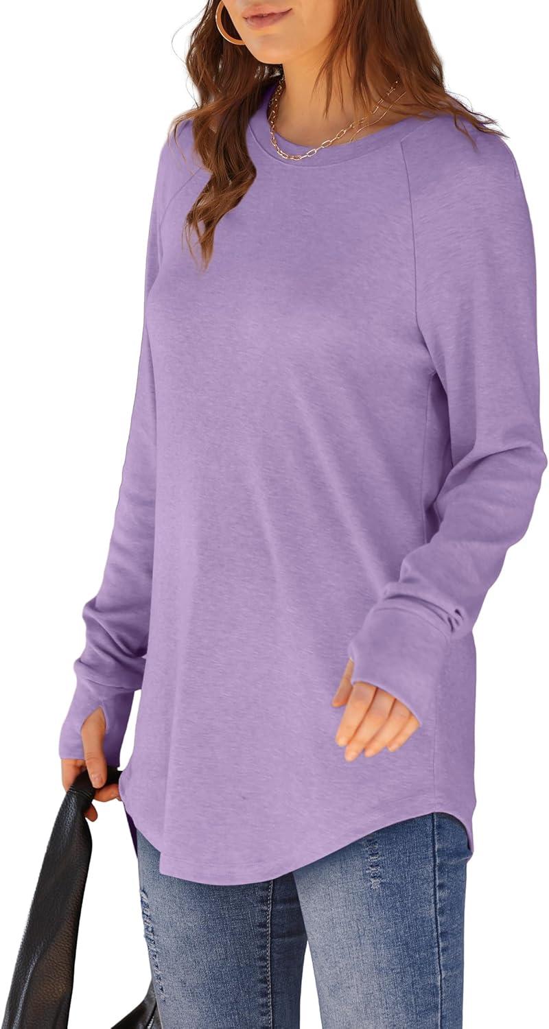 imageXIEERDUO Womens Tunic Tops to Wear with Leggings Long Sleeve Thumb Hole Shirts Crew Neck Curved HemQpurple