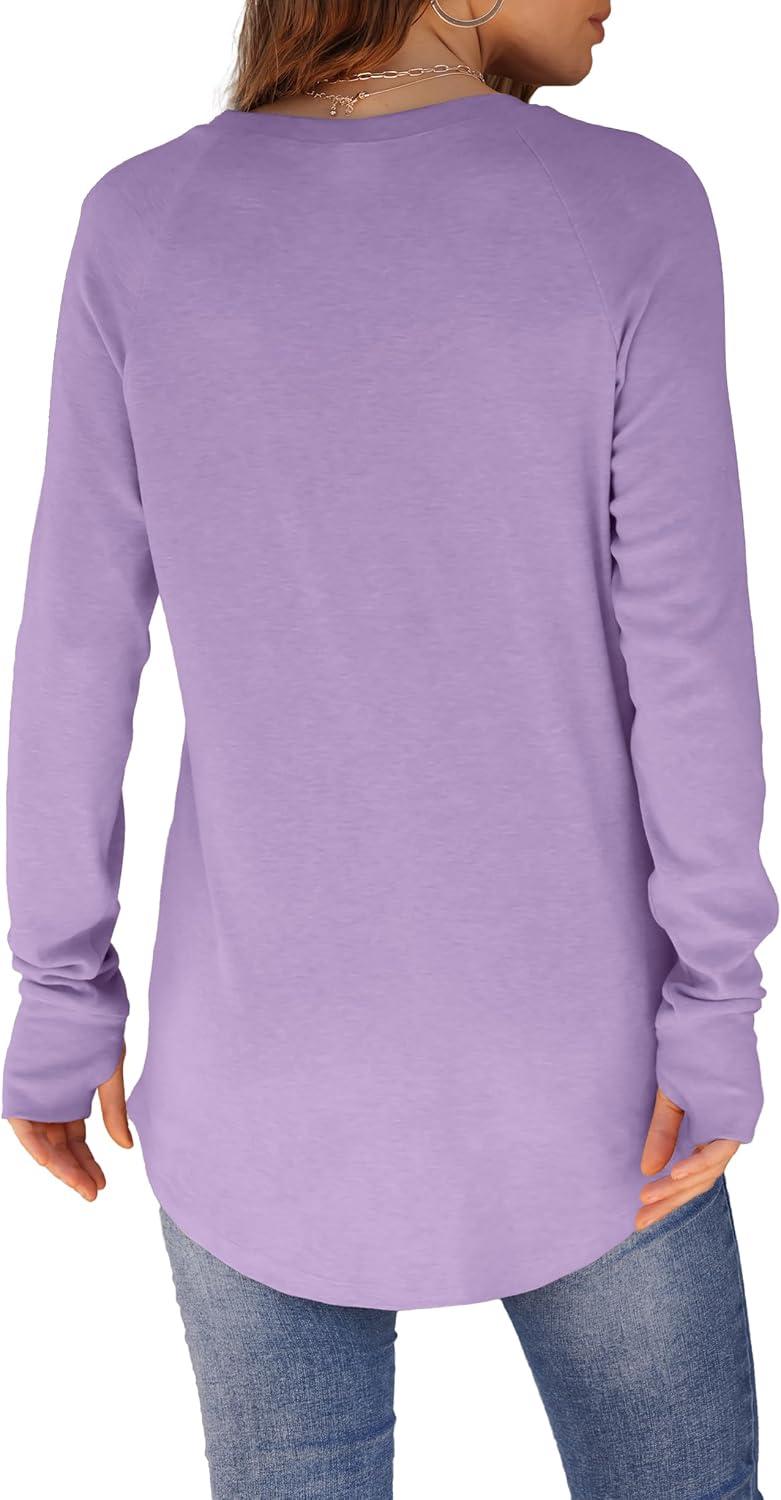 imageXIEERDUO Womens Tunic Tops to Wear with Leggings Long Sleeve Thumb Hole Shirts Crew Neck Curved HemQpurple