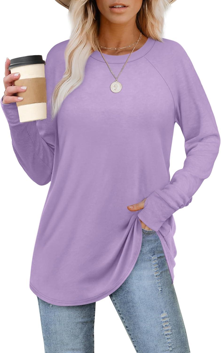 imageXIEERDUO Womens Tunic Tops to Wear with Leggings Long Sleeve Thumb Hole Shirts Crew Neck Curved HemQpurple