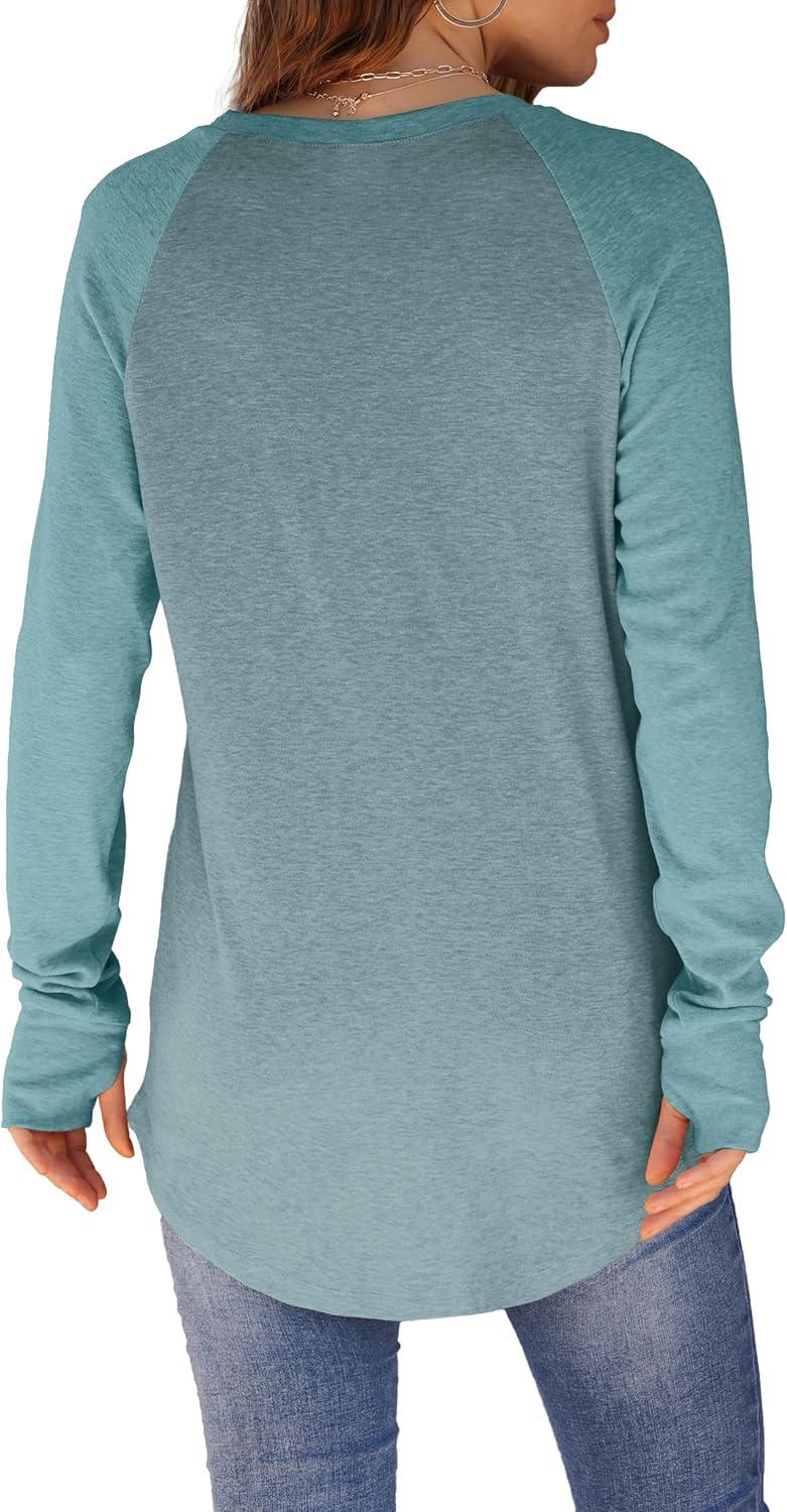 imageXIEERDUO Womens Tunic Tops to Wear with Leggings Long Sleeve Thumb Hole Shirts Crew Neck Curved HemRbluegreencolorblock
