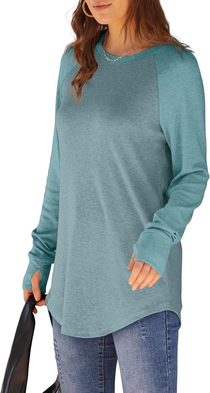 imageXIEERDUO Womens Tunic Tops to Wear with Leggings Long Sleeve Thumb Hole Shirts Crew Neck Curved HemRbluegreencolorblock