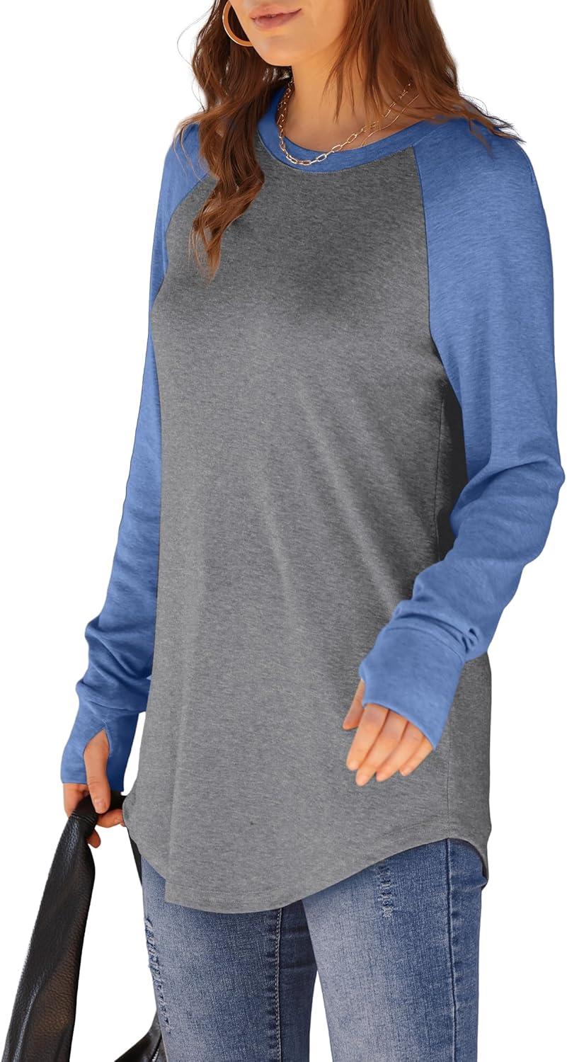 imageXIEERDUO Womens Tunic Tops to Wear with Leggings Long Sleeve Thumb Hole Shirts Crew Neck Curved HemRgreybluecolorblock