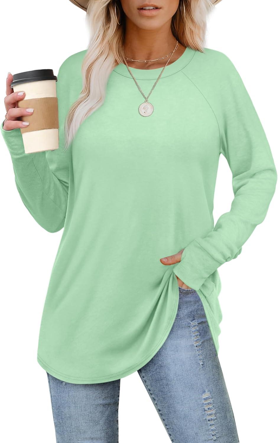 imageXIEERDUO Womens Tunic Tops to Wear with Leggings Long Sleeve Thumb Hole Shirts Crew Neck Curved HemRlightgreen