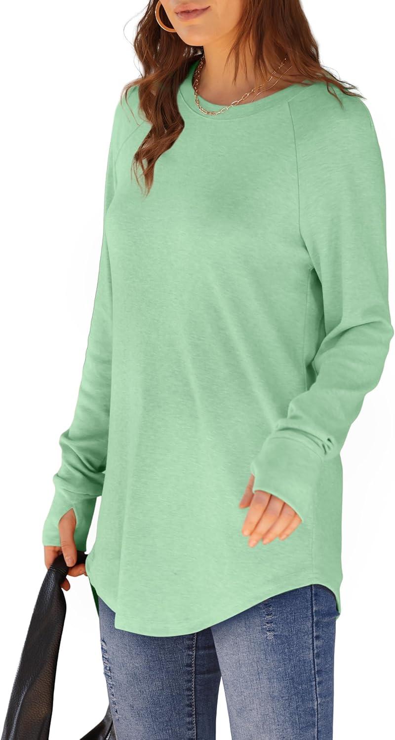 imageXIEERDUO Womens Tunic Tops to Wear with Leggings Long Sleeve Thumb Hole Shirts Crew Neck Curved HemRlightgreen