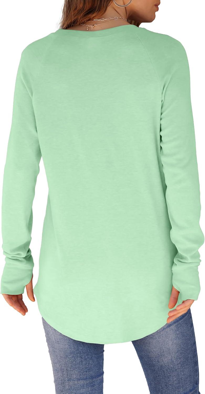 imageXIEERDUO Womens Tunic Tops to Wear with Leggings Long Sleeve Thumb Hole Shirts Crew Neck Curved HemRlightgreen