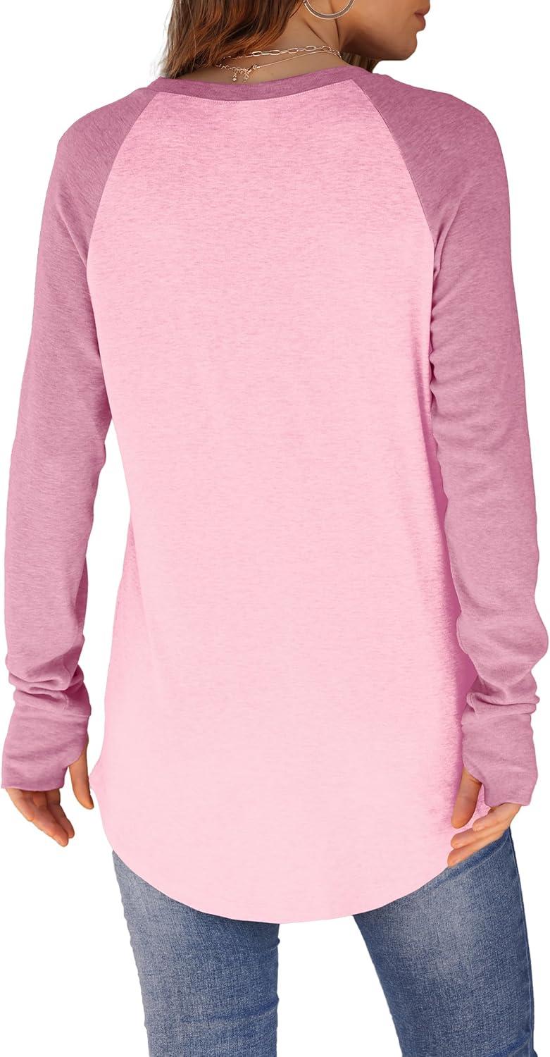 imageXIEERDUO Womens Tunic Tops to Wear with Leggings Long Sleeve Thumb Hole Shirts Crew Neck Curved HemRpinkcolorblock