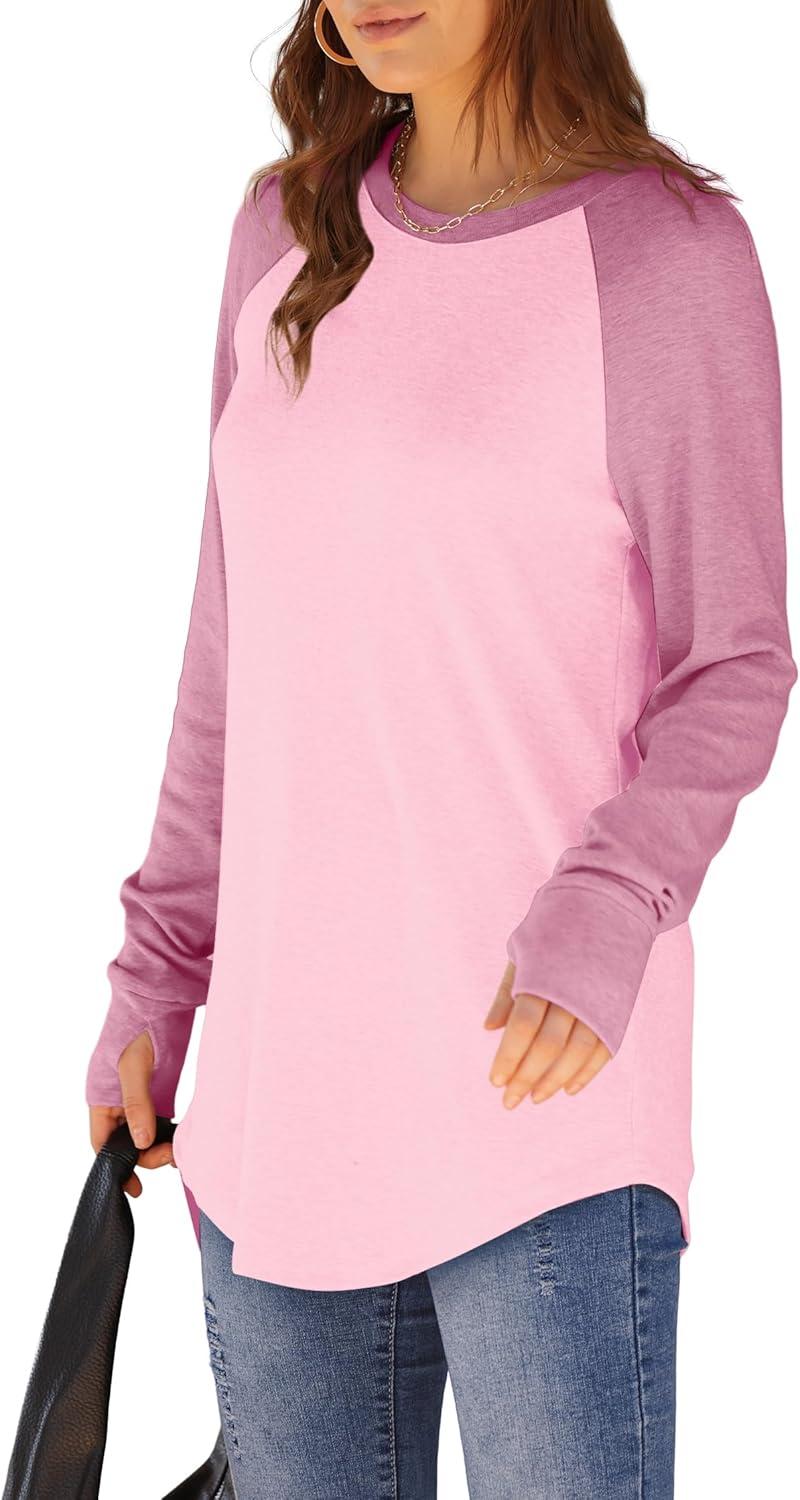 imageXIEERDUO Womens Tunic Tops to Wear with Leggings Long Sleeve Thumb Hole Shirts Crew Neck Curved HemRpinkcolorblock