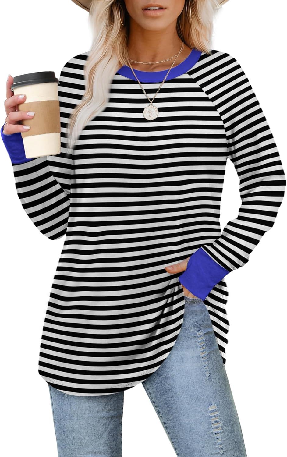 imageXIEERDUO Womens Tunic Tops to Wear with Leggings Long Sleeve Thumb Hole Shirts Crew Neck Curved HemStripe Black White