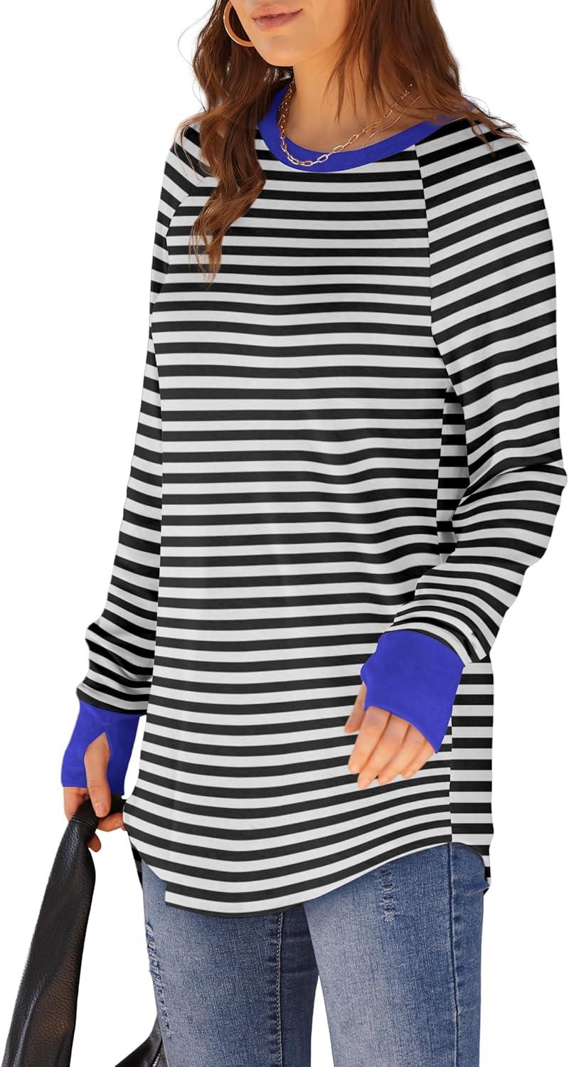 imageXIEERDUO Womens Tunic Tops to Wear with Leggings Long Sleeve Thumb Hole Shirts Crew Neck Curved HemStripe Black White