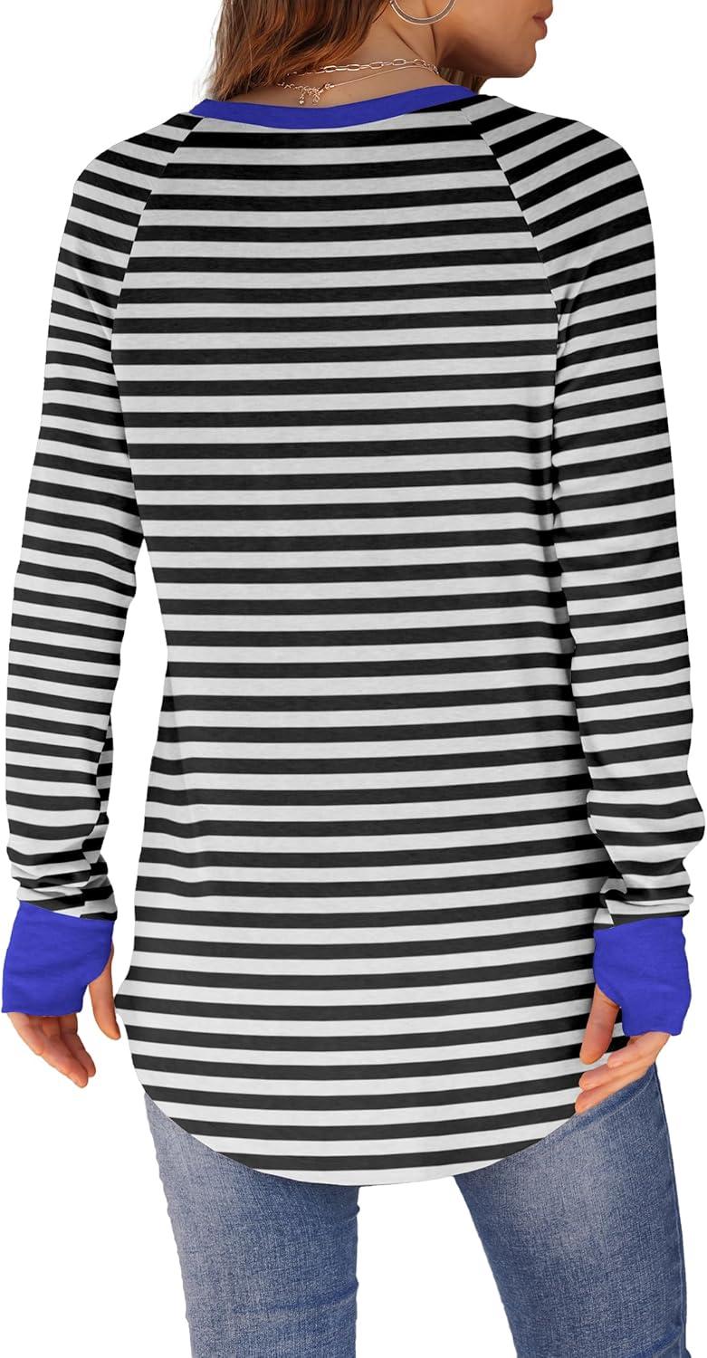 imageXIEERDUO Womens Tunic Tops to Wear with Leggings Long Sleeve Thumb Hole Shirts Crew Neck Curved HemStripe Black White