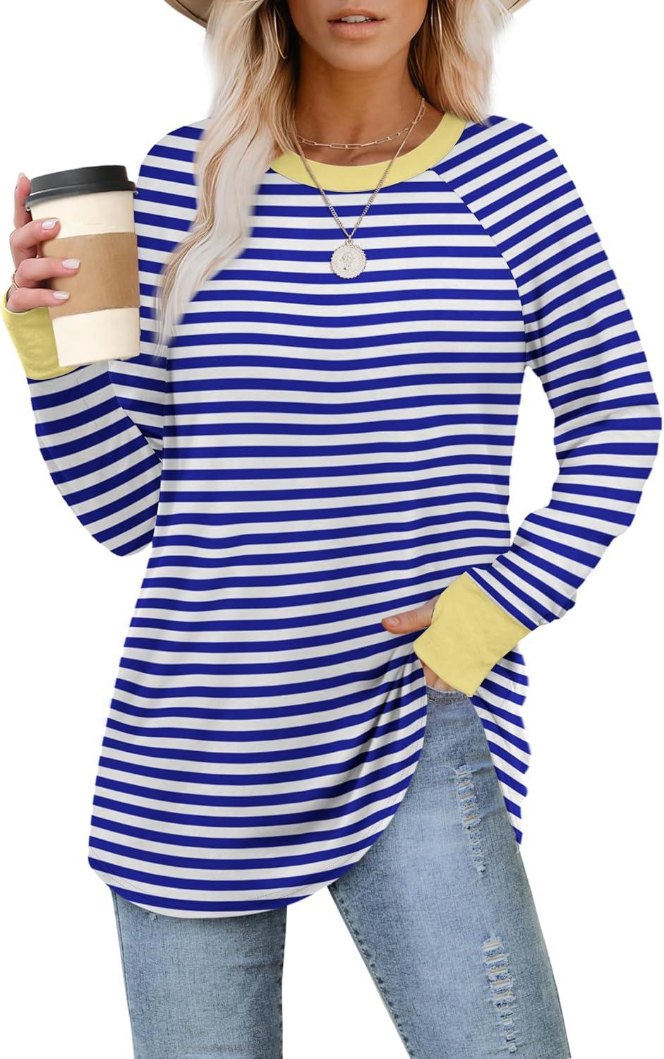 imageXIEERDUO Womens Tunic Tops to Wear with Leggings Long Sleeve Thumb Hole Shirts Crew Neck Curved HemStripe Blue White