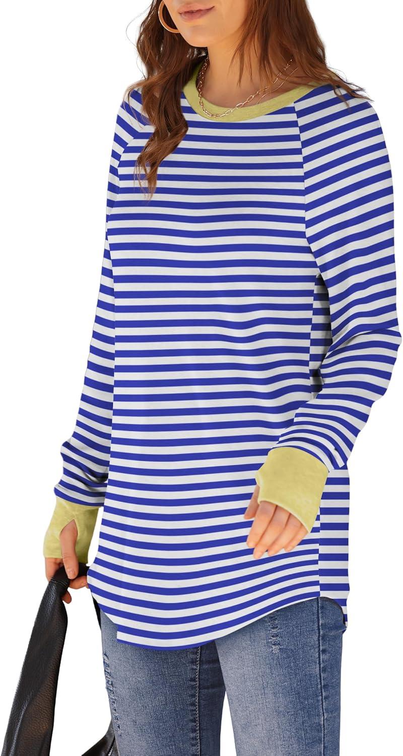 imageXIEERDUO Womens Tunic Tops to Wear with Leggings Long Sleeve Thumb Hole Shirts Crew Neck Curved HemStripe Blue White