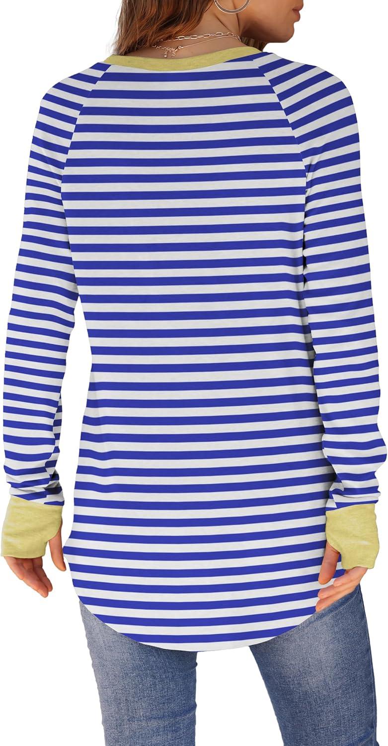 imageXIEERDUO Womens Tunic Tops to Wear with Leggings Long Sleeve Thumb Hole Shirts Crew Neck Curved HemStripe Blue White