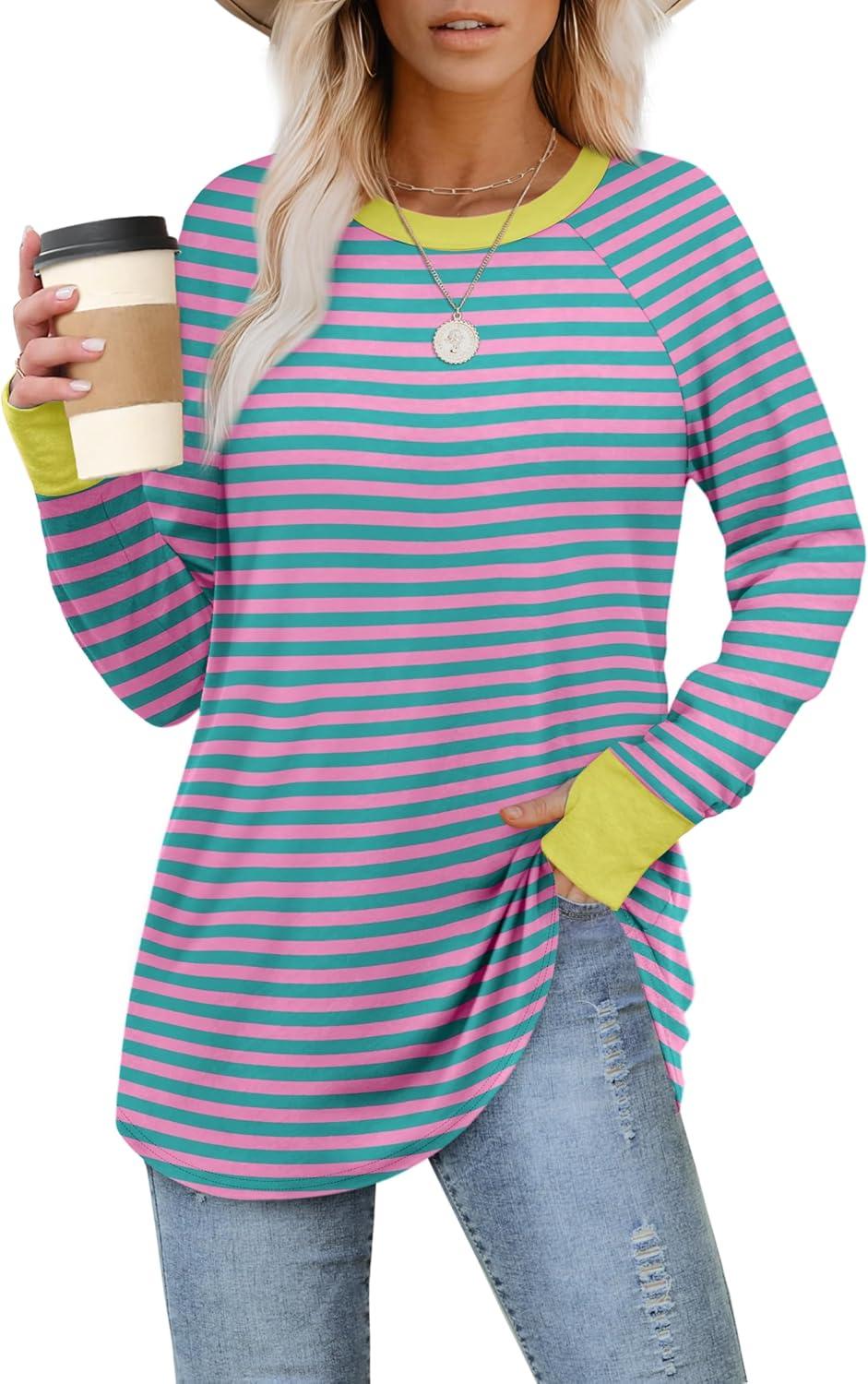 imageXIEERDUO Womens Tunic Tops to Wear with Leggings Long Sleeve Thumb Hole Shirts Crew Neck Curved HemStripe Pink Green