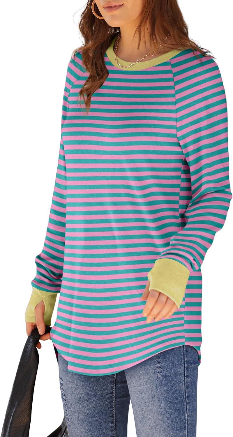 imageXIEERDUO Womens Tunic Tops to Wear with Leggings Long Sleeve Thumb Hole Shirts Crew Neck Curved HemStripe Pink Green