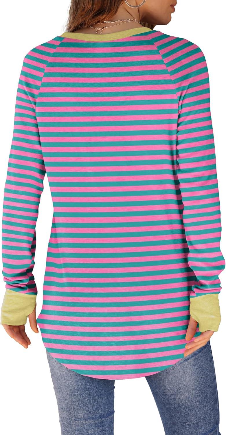 imageXIEERDUO Womens Tunic Tops to Wear with Leggings Long Sleeve Thumb Hole Shirts Crew Neck Curved HemStripe Pink Green