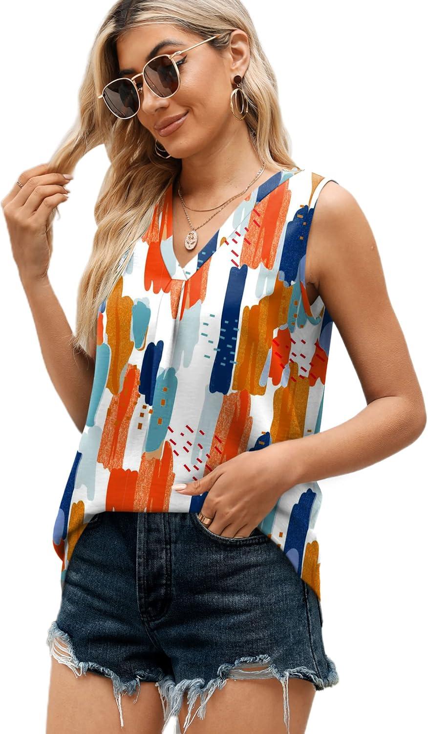 imageXIEERDUO Womens V Neck Chiffon Tank Top Sleeveless Work Office Pleated Blouses Tops00colorful
