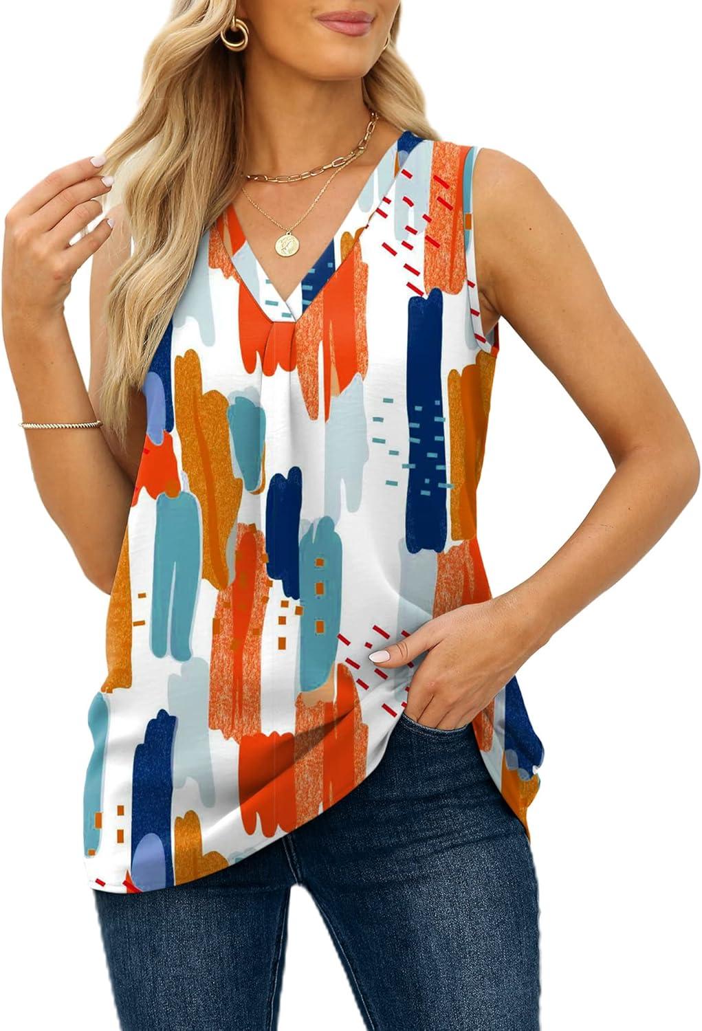 imageXIEERDUO Womens V Neck Chiffon Tank Top Sleeveless Work Office Pleated Blouses Tops00colorful