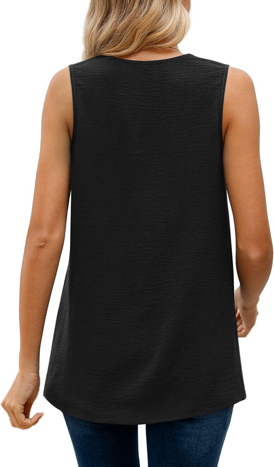 imageXIEERDUO Womens V Neck Chiffon Tank Top Sleeveless Work Office Pleated Blouses Tops02black
