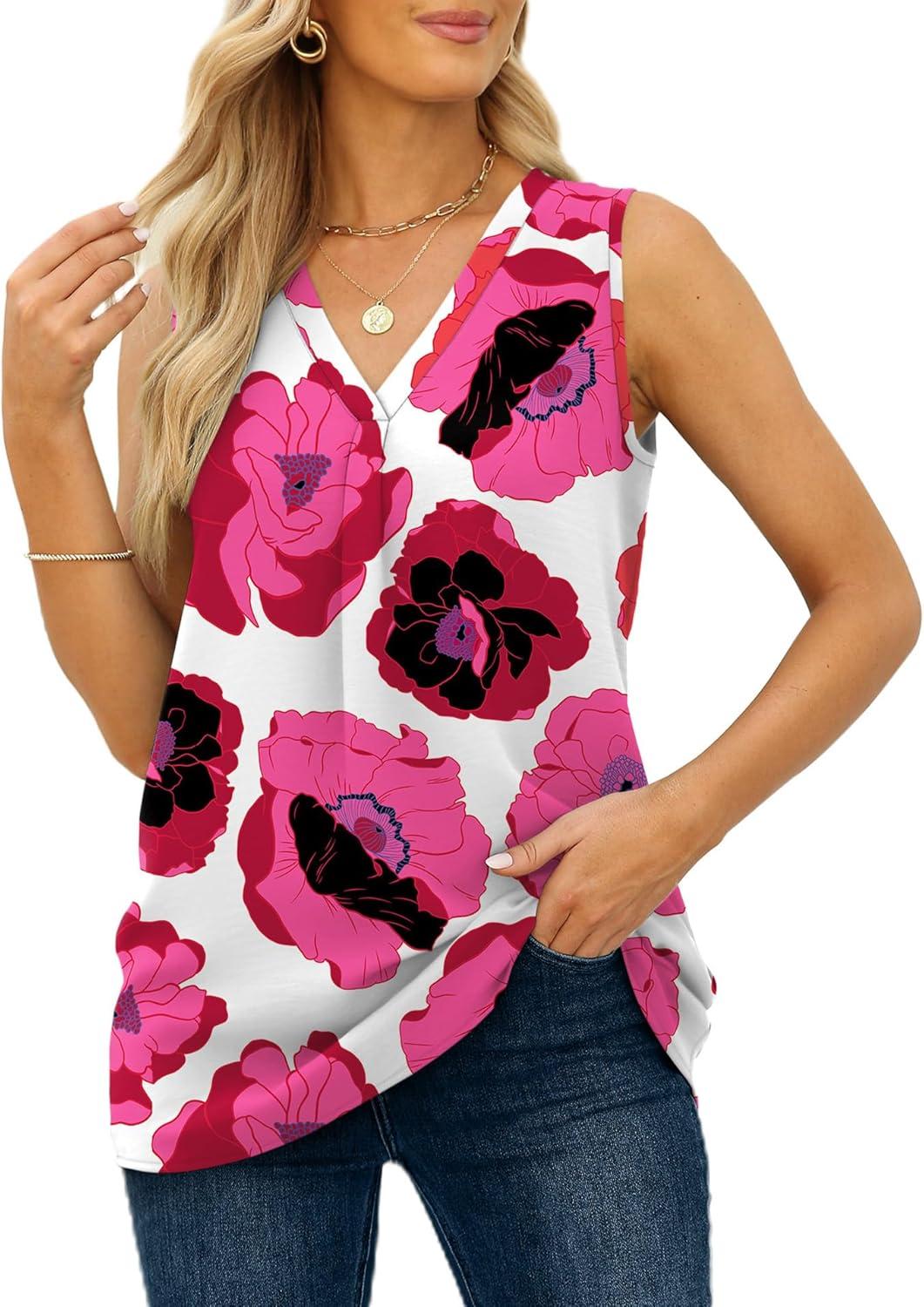 imageXIEERDUO Womens V Neck Chiffon Tank Top Sleeveless Work Office Pleated Blouses Tops02chot Pink Flower