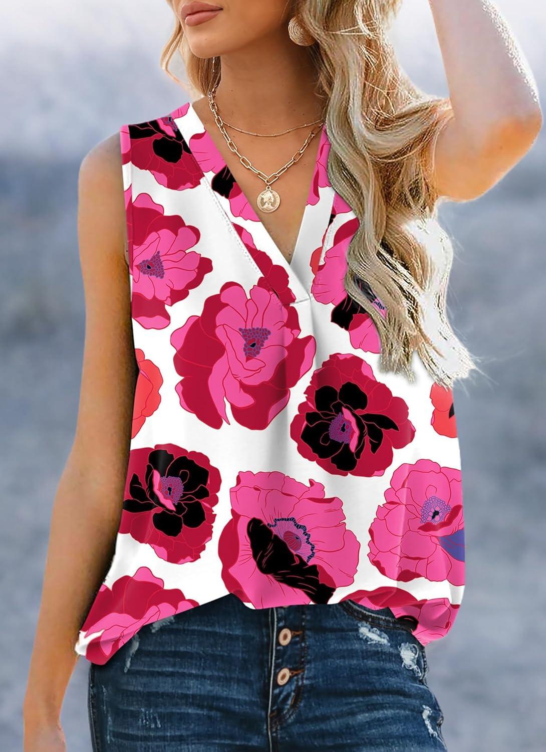 imageXIEERDUO Womens V Neck Chiffon Tank Top Sleeveless Work Office Pleated Blouses Tops02chot Pink Flower