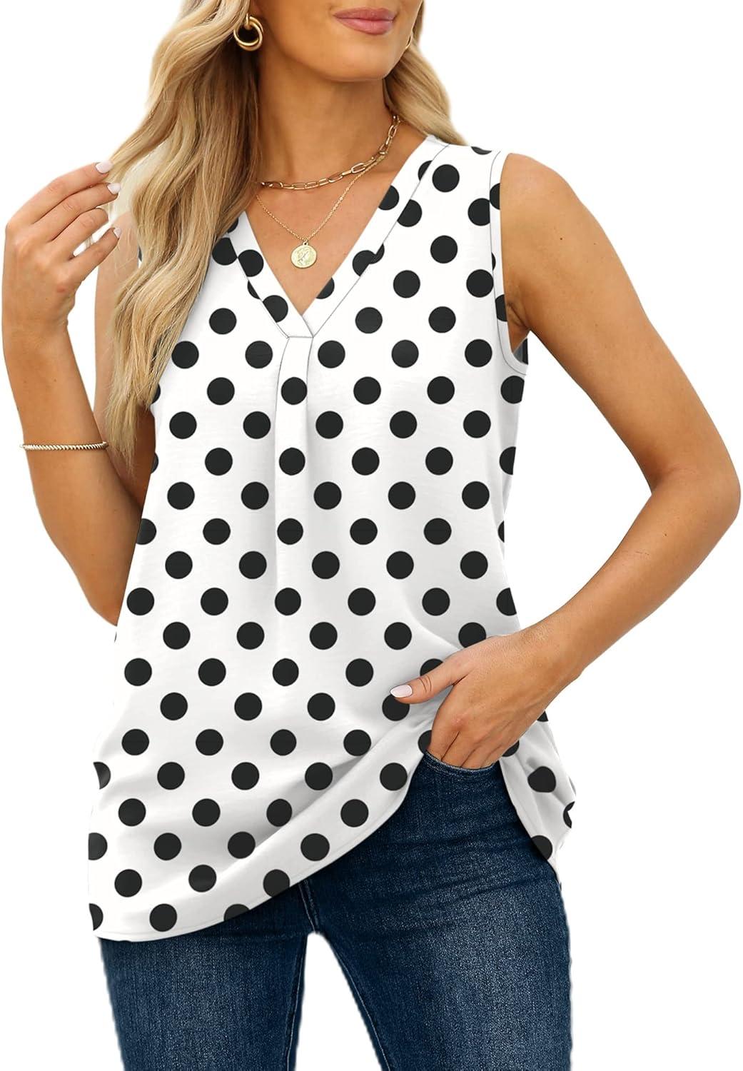 imageXIEERDUO Womens V Neck Chiffon Tank Top Sleeveless Work Office Pleated Blouses Tops03ablack Dot