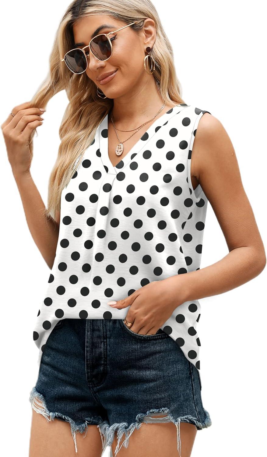 imageXIEERDUO Womens V Neck Chiffon Tank Top Sleeveless Work Office Pleated Blouses Tops03ablack Dot