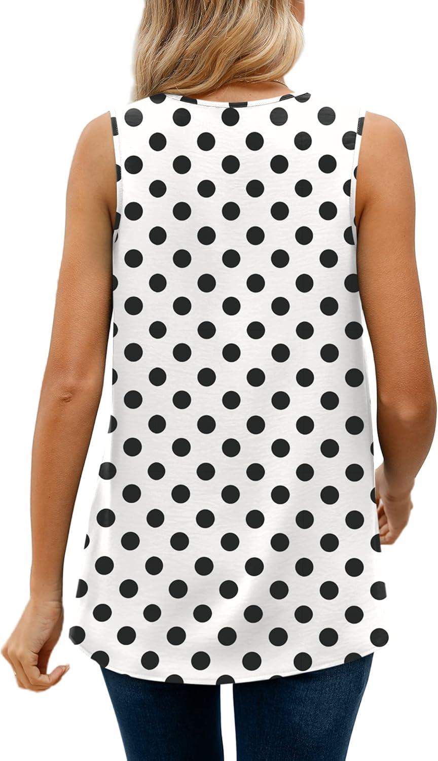 imageXIEERDUO Womens V Neck Chiffon Tank Top Sleeveless Work Office Pleated Blouses Tops03ablack Dot