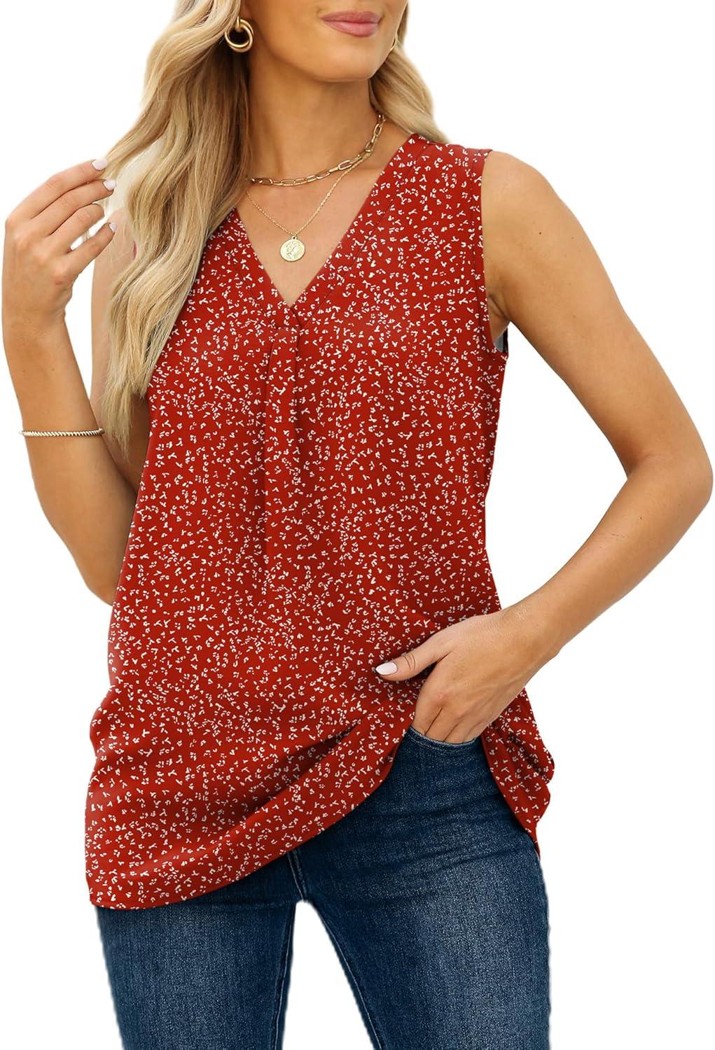 imageXIEERDUO Womens V Neck Chiffon Tank Top Sleeveless Work Office Pleated Blouses Tops03fred Print