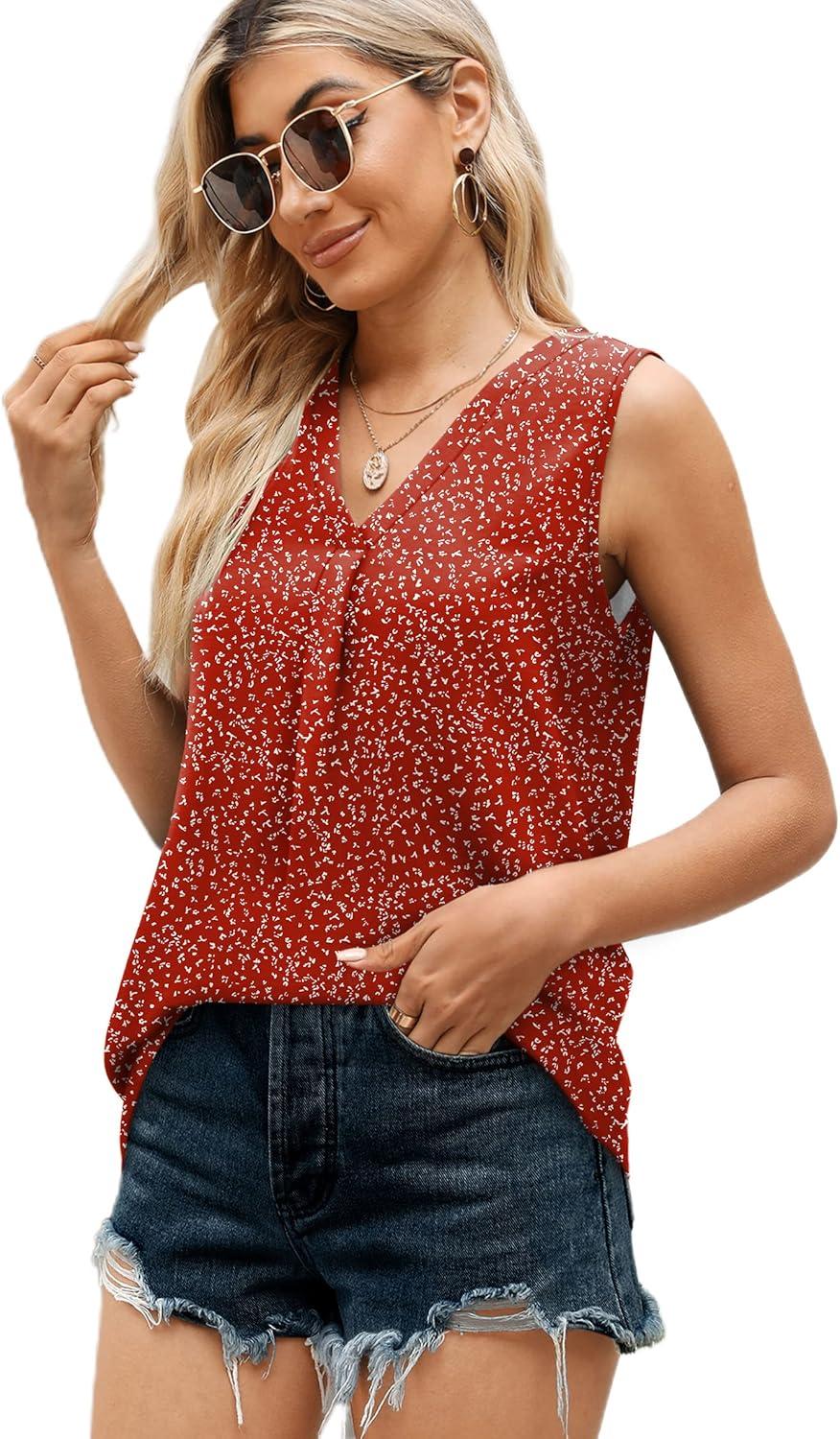 imageXIEERDUO Womens V Neck Chiffon Tank Top Sleeveless Work Office Pleated Blouses Tops03fred Print