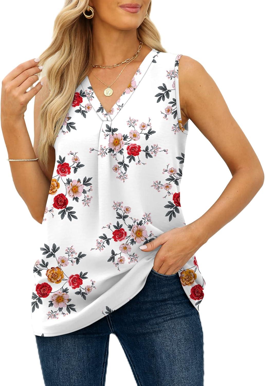 imageXIEERDUO Womens V Neck Chiffon Tank Top Sleeveless Work Office Pleated Blouses Tops03lwhite Floral