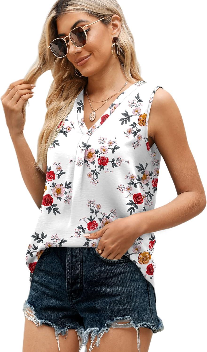 imageXIEERDUO Womens V Neck Chiffon Tank Top Sleeveless Work Office Pleated Blouses Tops03lwhite Floral
