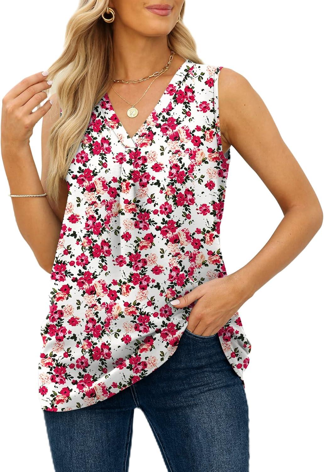 imageXIEERDUO Womens V Neck Chiffon Tank Top Sleeveless Work Office Pleated Blouses Tops03mred Flower