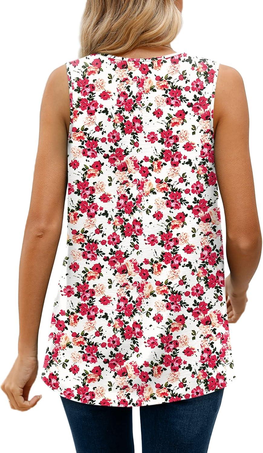 imageXIEERDUO Womens V Neck Chiffon Tank Top Sleeveless Work Office Pleated Blouses Tops03mred Flower