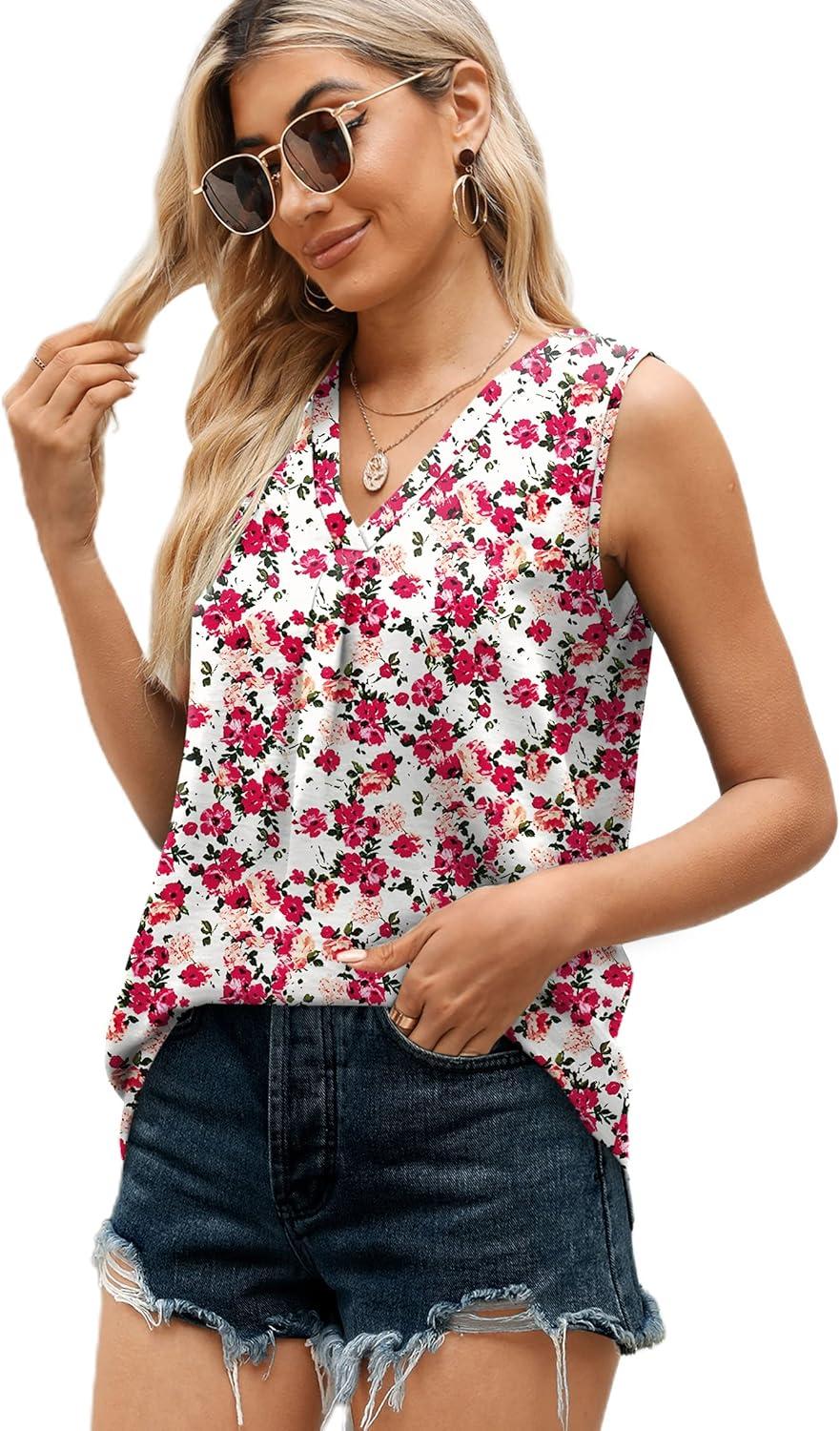 imageXIEERDUO Womens V Neck Chiffon Tank Top Sleeveless Work Office Pleated Blouses Tops03mred Flower
