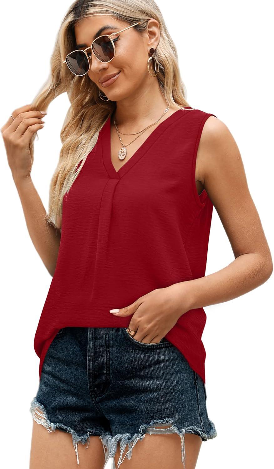 imageXIEERDUO Womens V Neck Chiffon Tank Top Sleeveless Work Office Pleated Blouses Tops04red
