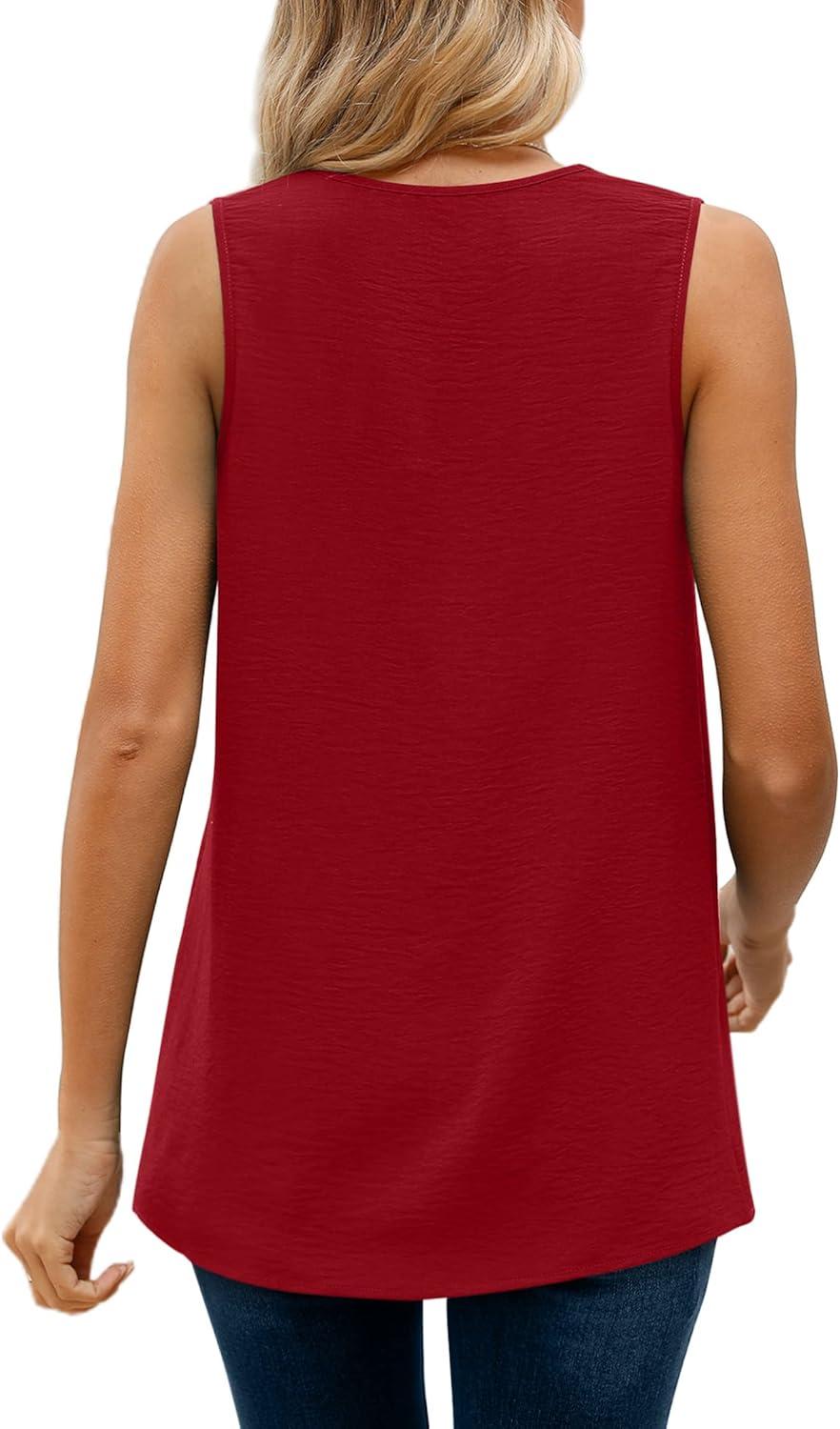 imageXIEERDUO Womens V Neck Chiffon Tank Top Sleeveless Work Office Pleated Blouses Tops04red