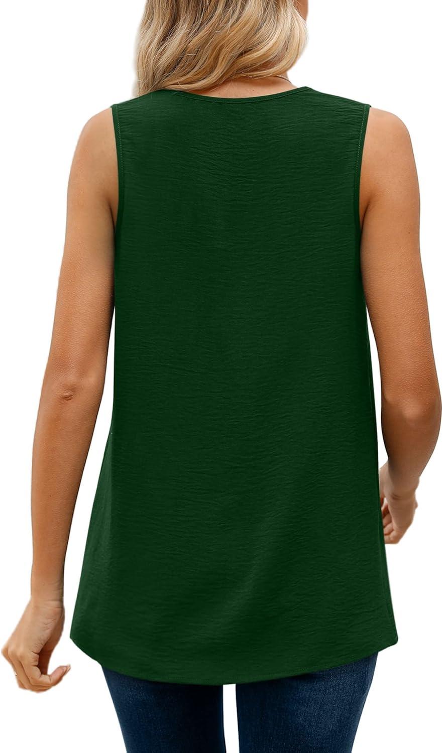 imageXIEERDUO Womens V Neck Chiffon Tank Top Sleeveless Work Office Pleated Blouses Tops06green
