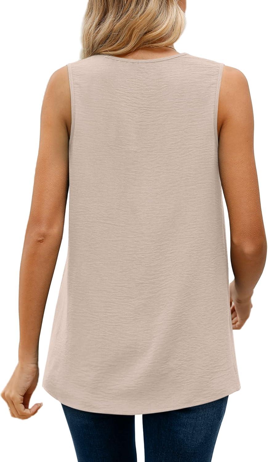 imageXIEERDUO Womens V Neck Chiffon Tank Top Sleeveless Work Office Pleated Blouses Tops07apricot