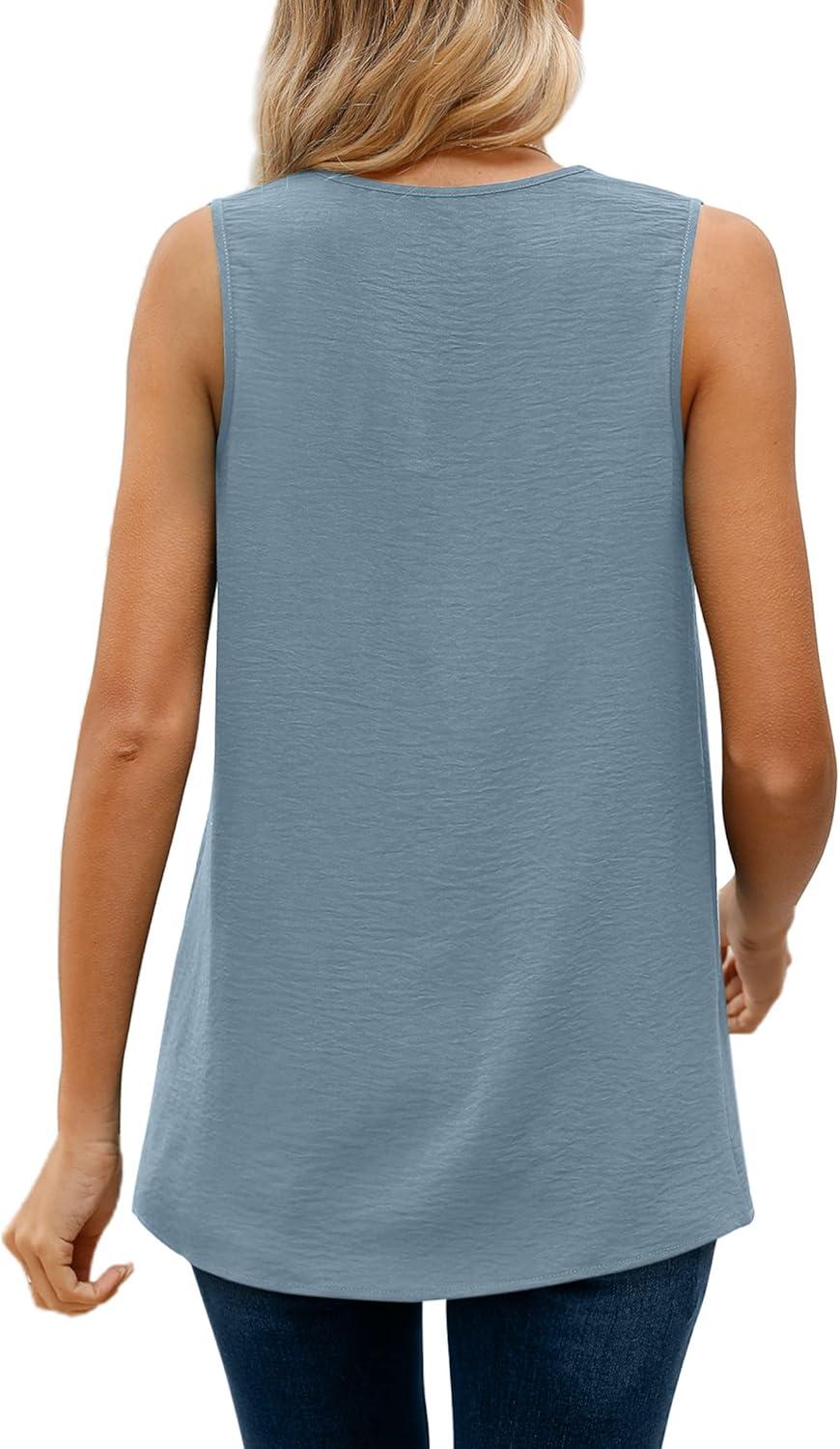 imageXIEERDUO Womens V Neck Chiffon Tank Top Sleeveless Work Office Pleated Blouses Tops09light Blue