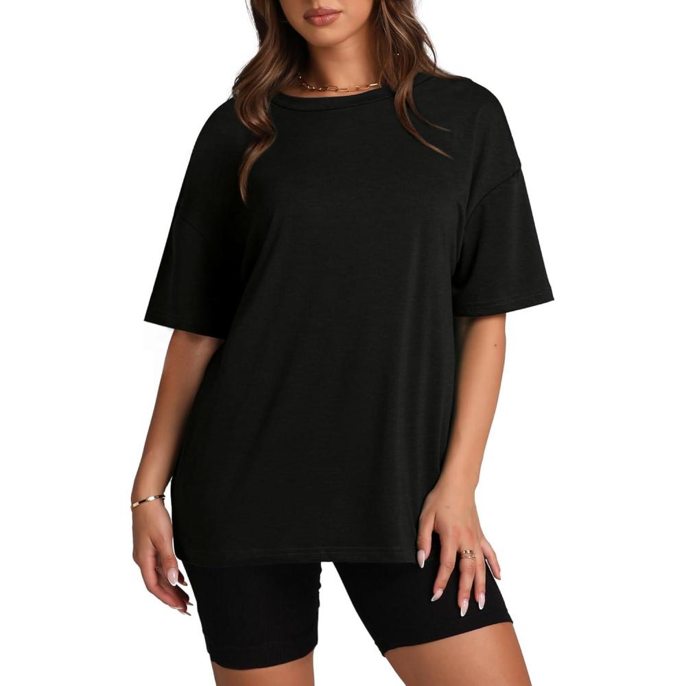 imageOversized T Shirts for Women Summer Crewneck Short Sleeve Basic Tops Loose FitAblack