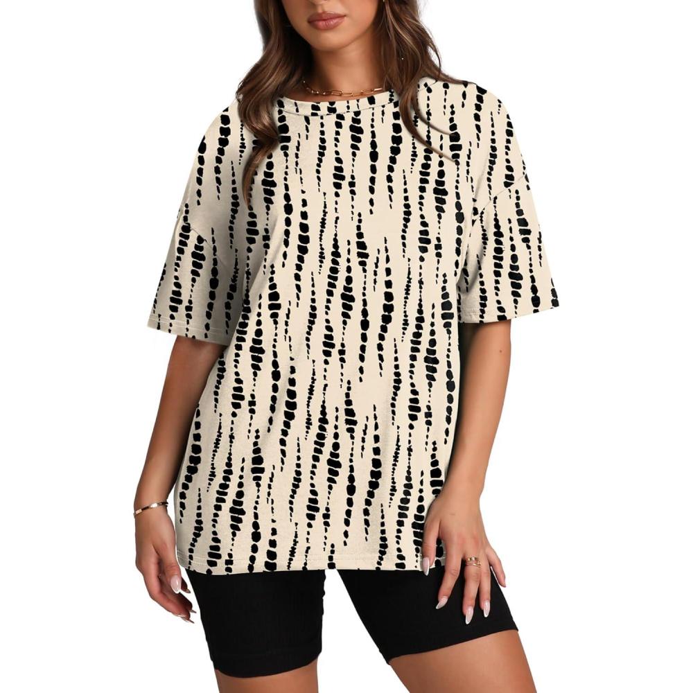 imageOversized T Shirts for Women Summer Crewneck Short Sleeve Basic Tops Loose FitBlack Polka Dots