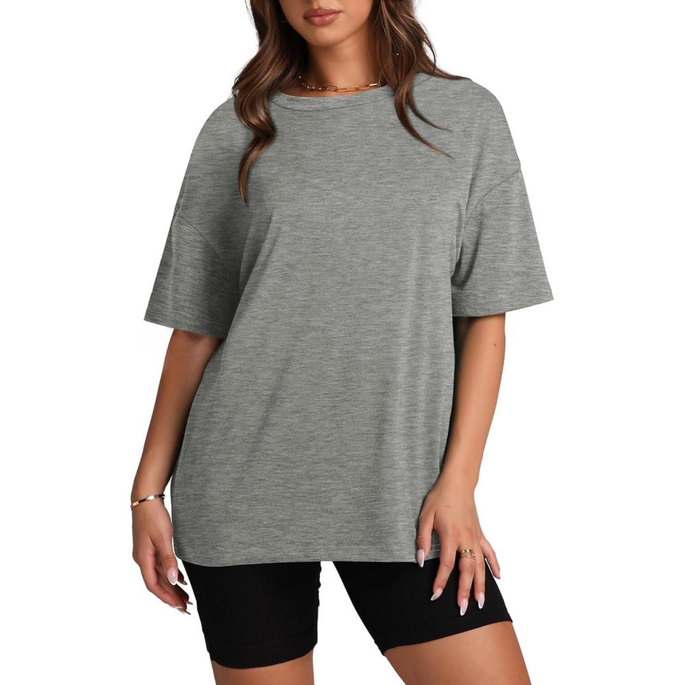 imageOversized T Shirts for Women Summer Crewneck Short Sleeve Basic Tops Loose FitCgrey