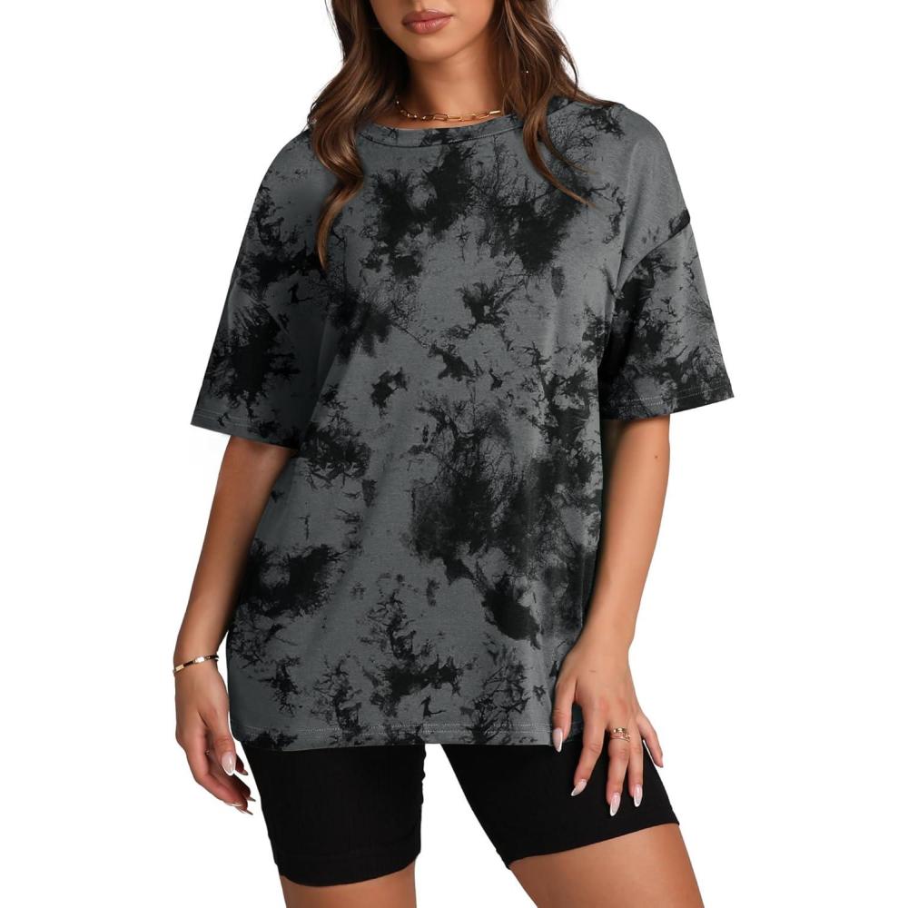 imageOversized T Shirts for Women Summer Crewneck Short Sleeve Basic Tops Loose FitGgrey Tie Dye