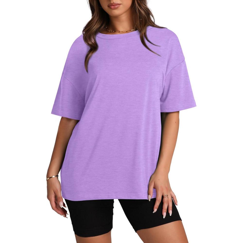 imageOversized T Shirts for Women Summer Crewneck Short Sleeve Basic Tops Loose FitKpurple